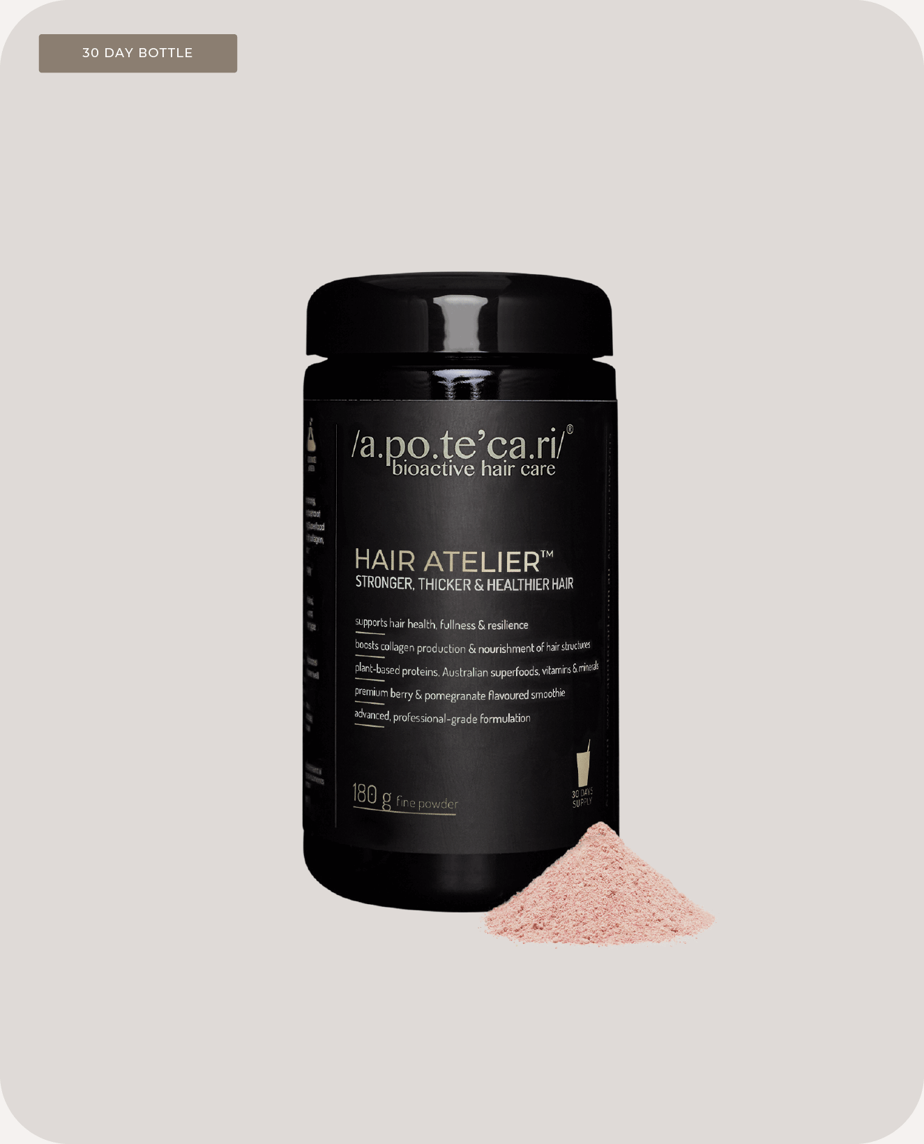 Apotecari, Hair Atelier, healthier hair, edible hair care, pomegranate, pink drink, healthy, vegan, strong hair, powder, drink