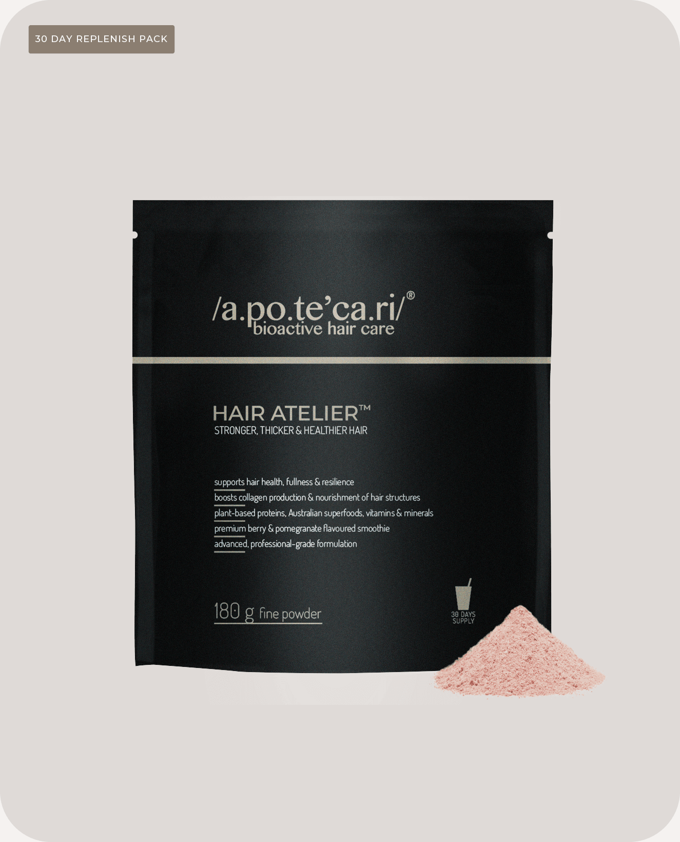 Apotecari, Hair Atelier, healthier hair, edible hair care, pomegranate, pink drink, healthy, vegan, strong hair, powder, drink, refill
