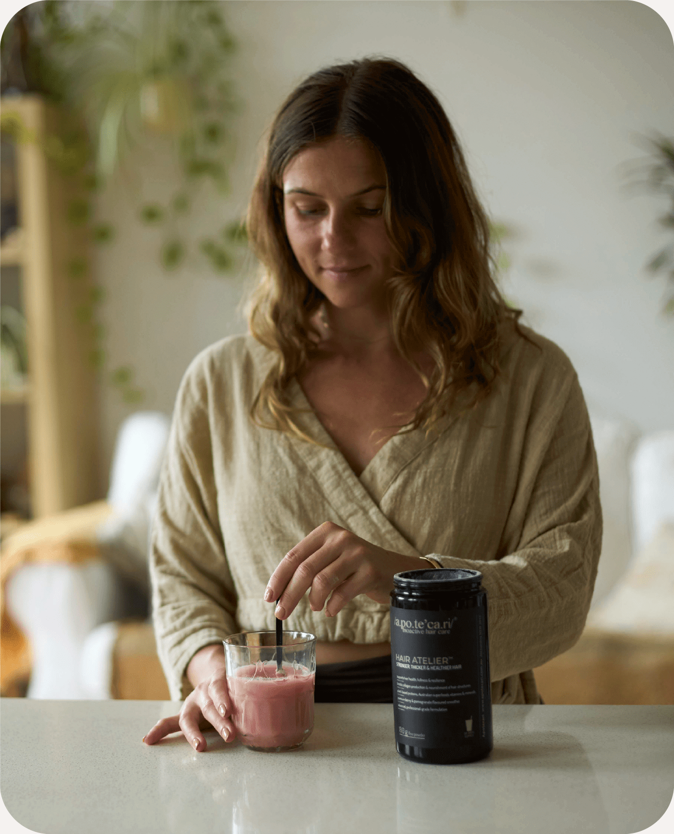 Apotecari, Hair Atelier, healthier hair, edible hair care, pomegranate, pink drink, healthy, vegan, strong hair, powder, drink, daily routine