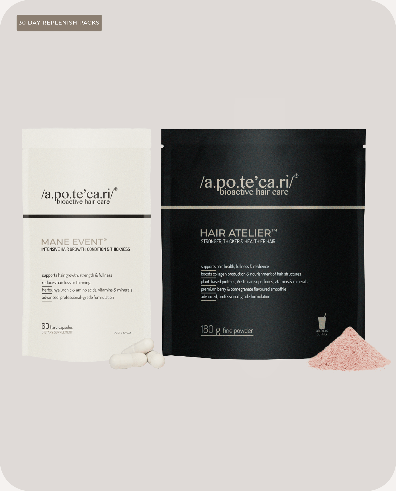 Apotecari, Power couple, refill, Mane Event, Hair Atelier, healthier hair, edible hair care, pomegranate, pink drink, healthy, vegan, strong hair, powder, drink