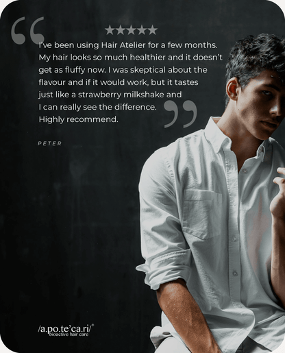 Apotecari, feedback, testimonial, Hair Atelier, healthier hair, edible hair care, healthy, vegan, strong hair, for men, men