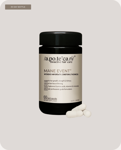 Apotecari, Mane Event, Capsule, bottle, hair fall, thicker hair, capsule, edible hair care, vegan, holistic