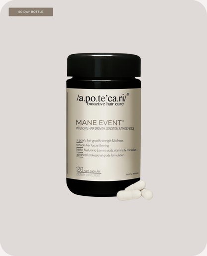 Apotecari, Mane Event, Capsule, bottle, hair fall, thicker hair, capsule, edible hair care, vegan, holistic