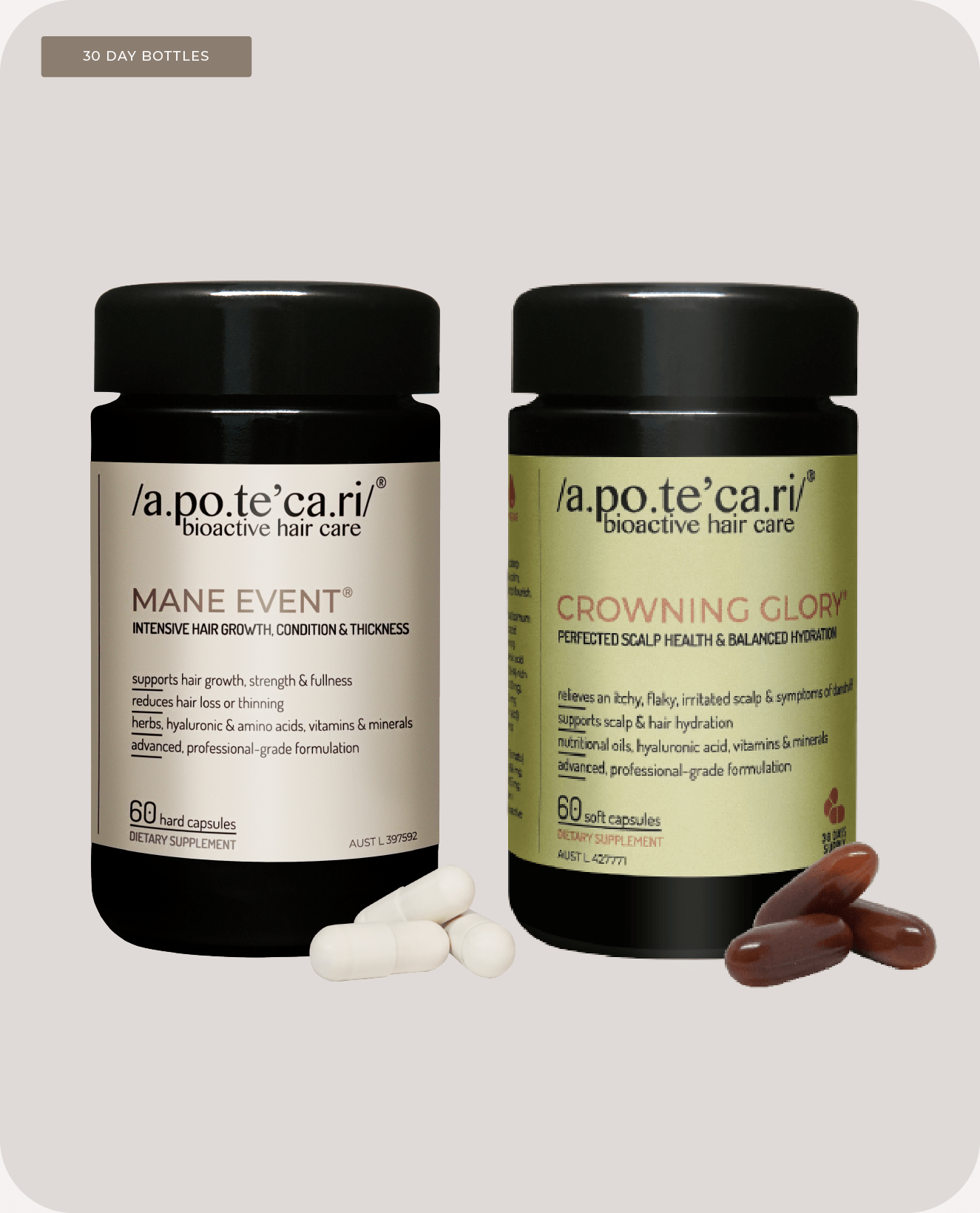 Apotecari, mane event, clowning glory, A perfect pair, holistic, hair care, vegan, healthy hair, healthy scalp, thicker hair, hair growth, capsule