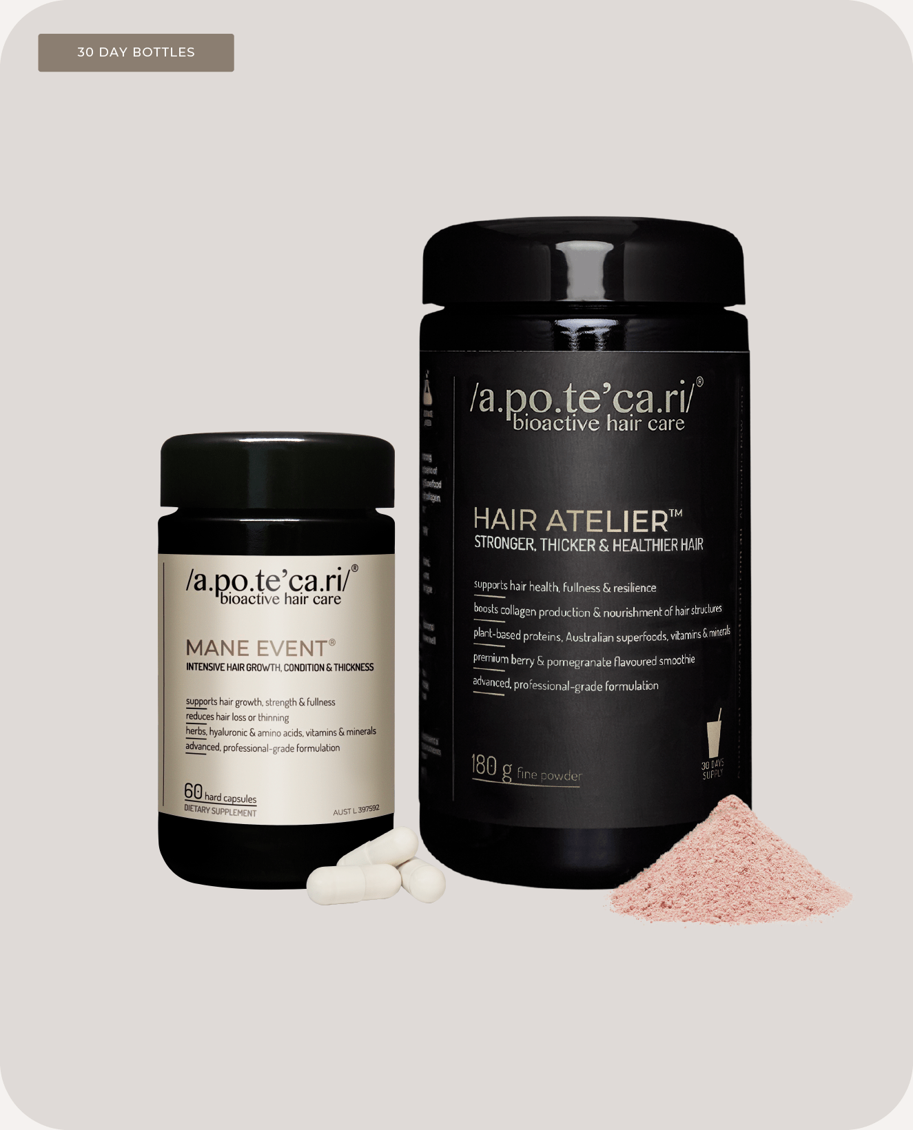 Apotecari, Power couple, bottle, Mane Event, Hair Atelier, healthier hair, edible hair care, pomegranate, pink drink, healthy, vegan, strong hair, powder, drink