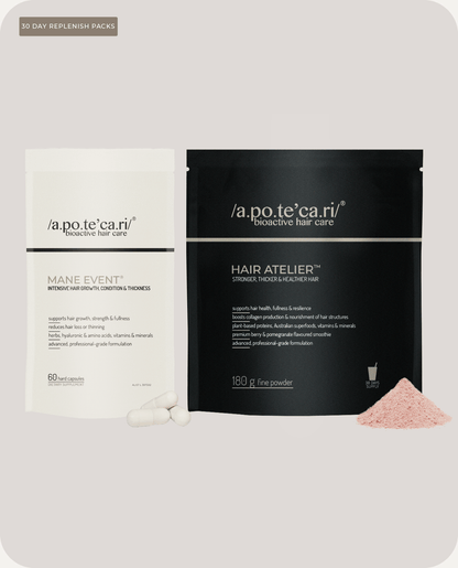  Apotecari, Power couple, refill, Mane Event, Hair Atelier, healthier hair, edible hair care, pomegranate, pink drink, healthy, vegan, strong hair, powder, drink