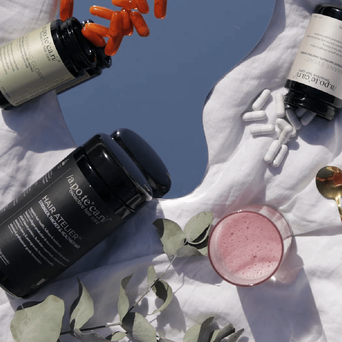 Apotecari, Hair Atelier, Mane Event, healthier hair, edible hair care, pomegranate, pink drink, healthy, vegan, strong hair, powder, drink, oily, dry, scalp, thicker hair, growth